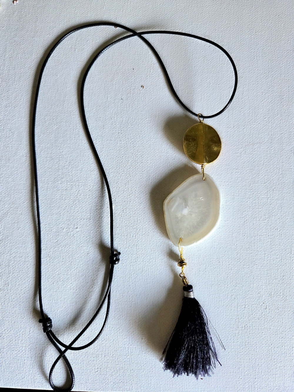 Long Agate Pendant Necklace with Black Tassel